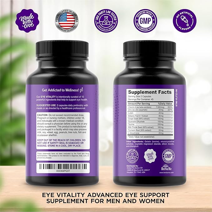 Eye Vitamins Supplement with Lutein, Bilberry, Beta Carotene, L-Taurine, Zinc and Quercetin, 90 Capsules, Supports Vision, Ocular and Macular Health, Helps Eyes Filter Blue Light