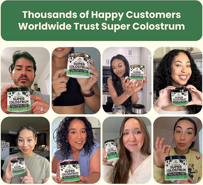 Super Colostrum Grass Fed Bovine Colostrum Powder for Bloating, Immune, Energy, Gut Health Hair, Skin and Nails Colostrum Supplement | 50% IgG Cow Colostrum for Humans | Superfood for Women and Men