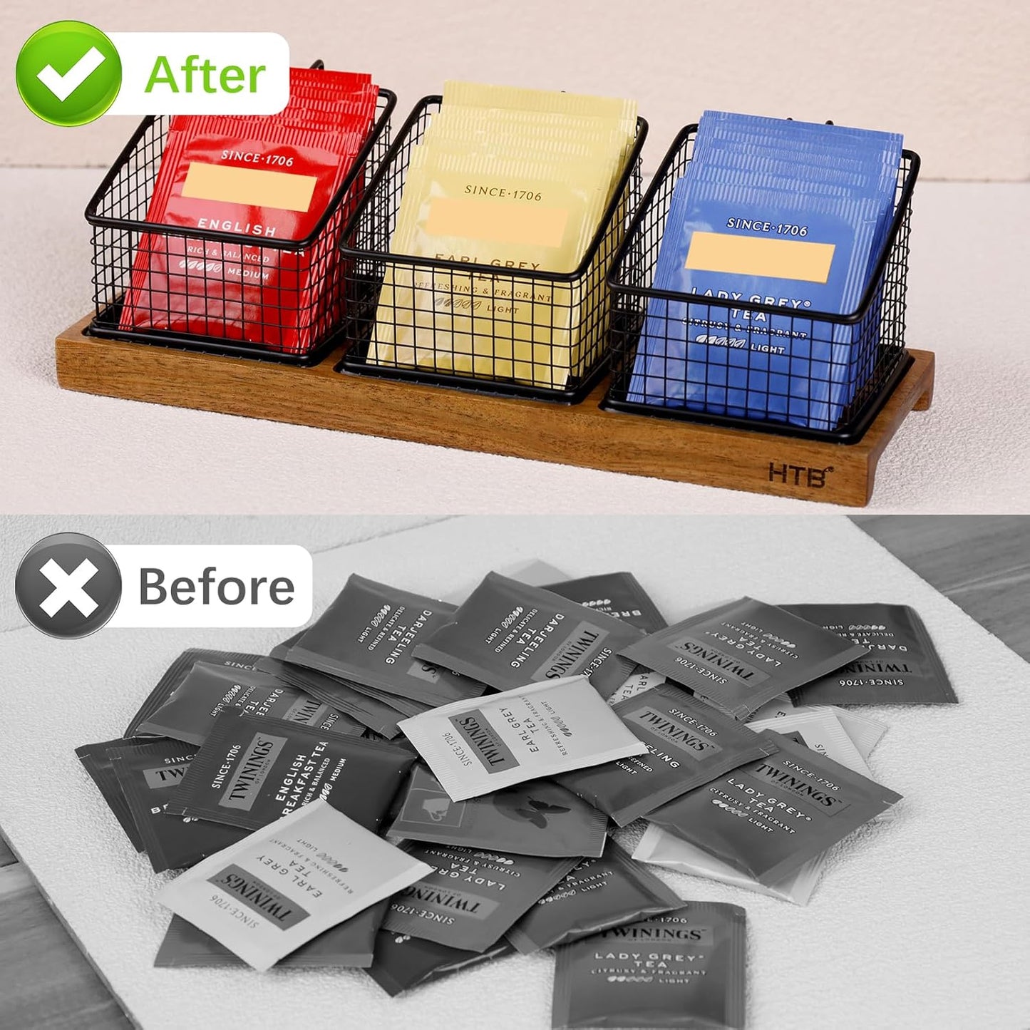 HTB Tea Organizer for Tea Bags, Tea Bag Holder with Acacia Wood Stand and 3 Removable Metal Basket for Sugar Packets, Sweeteners, Creamers for Cabinet, Countertop