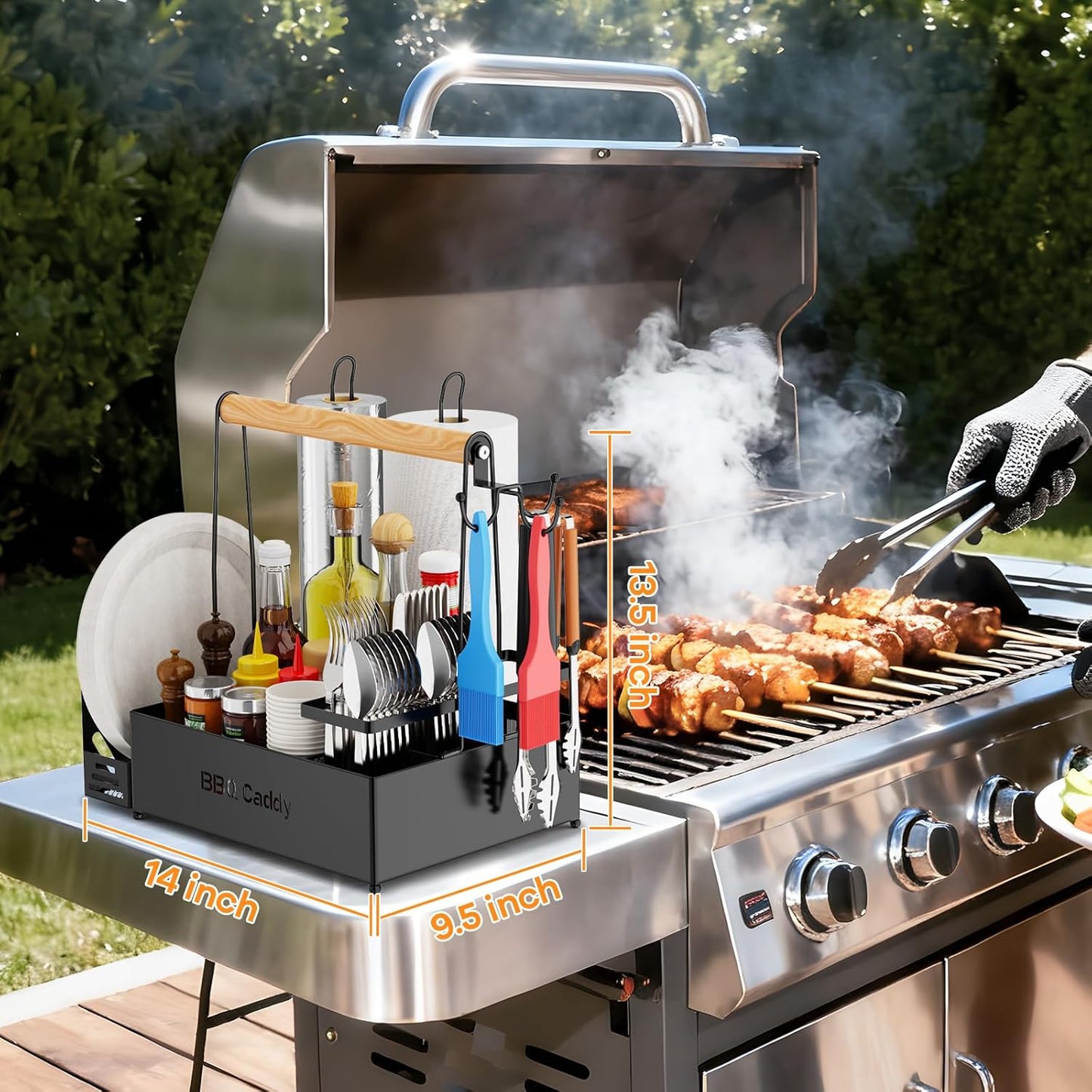 Grill Caddy, BBQ for Outdoor Grill with 2 Paper Towel Holders, Picnic BBQ Condiment Utensil Organizer Caddy for Outdoor Cooking, Rv, Camping Essential, Camper Must Haves,Gifts for Men