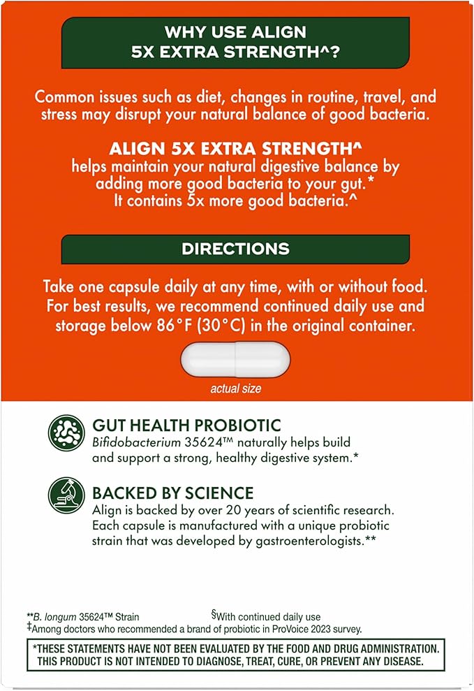 Align Probiotic Extra Strength, Probiotics for Women and Men, #1 Doctor Recommended Brand‡, 5X More Good Bacteria^ to Help Support a Healthy Digestive System*, 21 Capsules (Packaging May Vary)