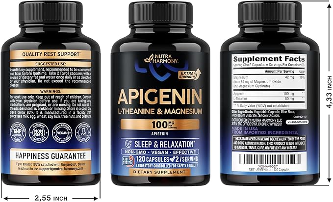 Apigenin 100mg - Apigenin Supplement for Sleep Support with L-Theanine & Magnesium - Sleep, Stress Relief & Relaxation Support for Adults - Naturally Derived from Chamomile - 120 Vegan Capsules