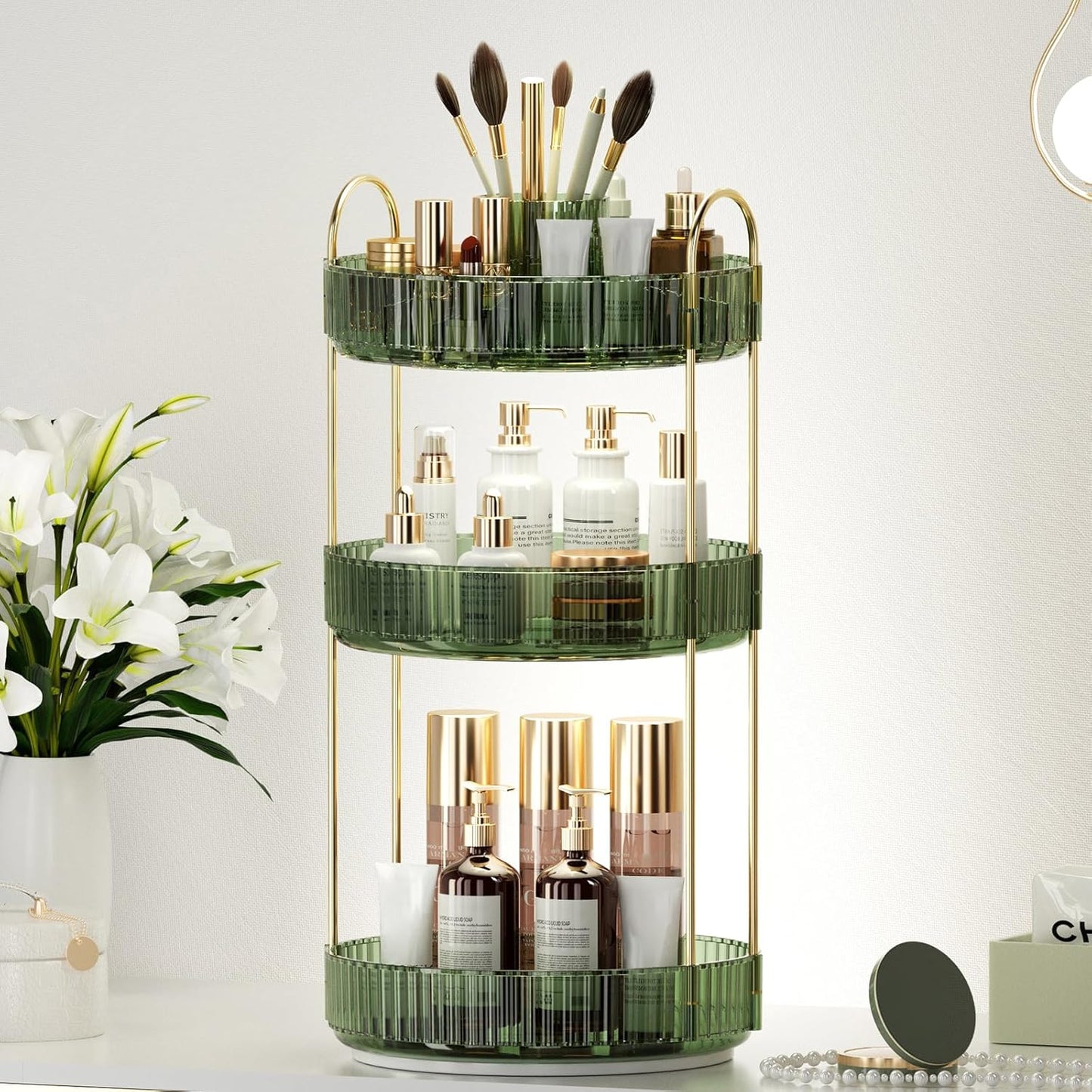 360° Rotating Makeup Organizer, Upgraded 3 Tier Skincare Perfume Organizers for Women, Bathroom Organizer Countertop, Clear Cosmetic Dresser Organizer with Makeup Brush Holder, Sink&Counter (Green)