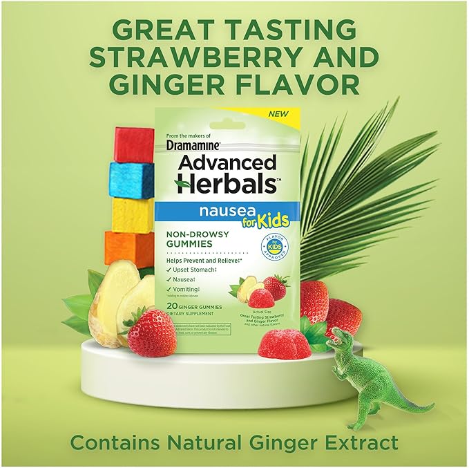 Advanced Herbals Kids Gummies, from The Makers of Dramamine, Nausea Relief and Motion Sickness Relief for Kids, Strawberry and Ginger Flavor, 20 Ct