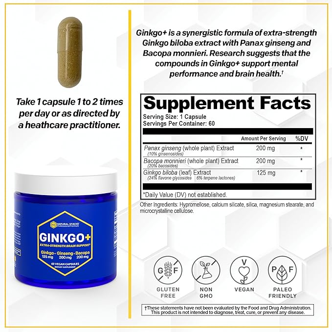 NATURAL STACKS Ginkgo Biloba Supplement with 200mg Panax Ginseng & 200mg Bacopa Monnieri - Brain Supplements for Memory and Focus - Korean Ginseng for Brain Health Support - 60 Ginkgo Biloba Capsules