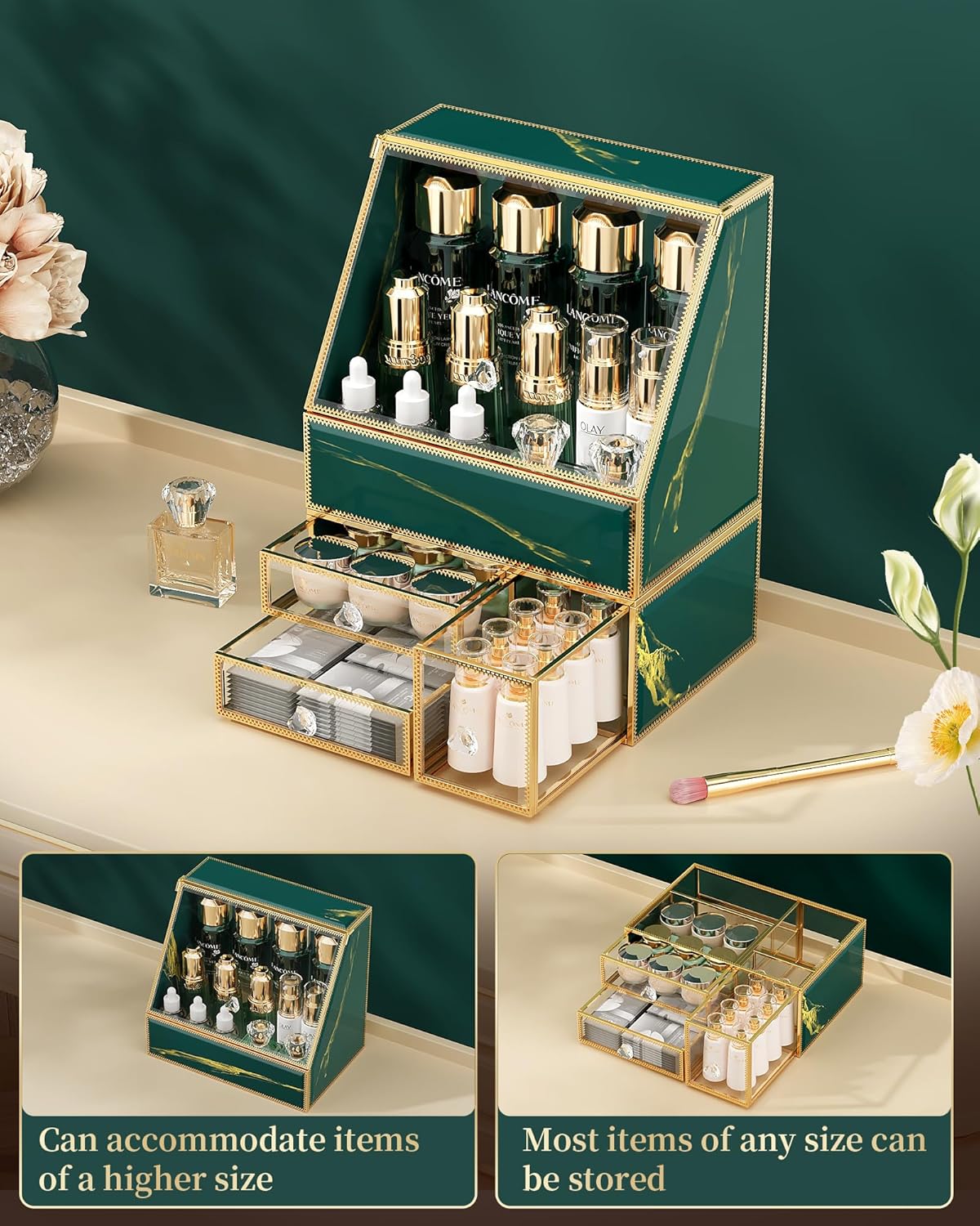 Makeup Organizer Countertop,Green Makeup Organizer with Drawer, Skincare Holder for Bathroom Countertop,Cosmetic Display Case for Dresser.