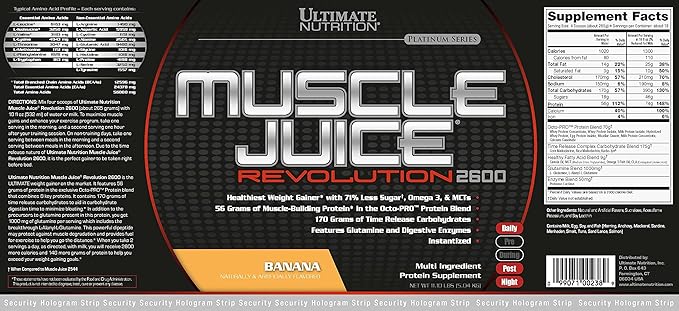 Ultimate Nutrition Muscle Juice 2600 Revolution, Weight Gain Drink Mix - Mass Gainer Workout Powder Supplement for Lean Muscle Growth & Recovery with 56g Protein Blend - Banana, 11.105lb