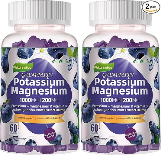 Potassium Magnesium Gummies,High Absorption Magnesium Glycinate,B6,D3,Potassium Citrate for Leg Cramps,Muscle,Electroyte for Adults Kids,Sugar-Free, 120 Gummies (Blueberry Flavor)
