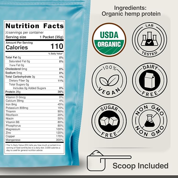 Organic Hemp Protein Powder, Plant Based and Vegan Protein Shake, Lactose and Dairy Free, Gluten Free, Clean and Natural- Unflavored (20 Servings)