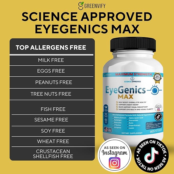 EyeGenics Max Vision Support Supplement, 60 Capsules, Maximum Strength Eye Health Formula with Lutein, Bilberry Extract, Vitamins (2)