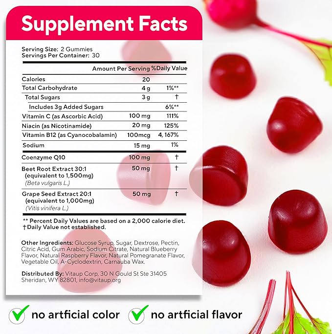 Beet Root Gummies – Beet Gummies – Red Beets Supplements with Beetroot, Grape Seed, Coq10, Vitamin C & B12 – 60 Beet Chews