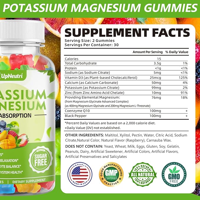 Potassium Magnesium Supplement Gummies for Adults Kids, Sugar-Free Potassium Gummies Supports Leg Cramps & Muscle & Immune Health, High Absorption Vegan Magnesium Gummies 5 Fruit Flavor 60 Cts