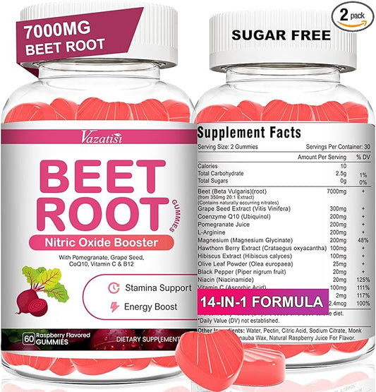 Beet Root Gummies 7000MG – Nitric Oxide Beetroot Gummies with Coq 10, Grape Seed, Pomegranate for Circulation & Energy Support – Vegan, Non-GMO, 120 Beet Chews