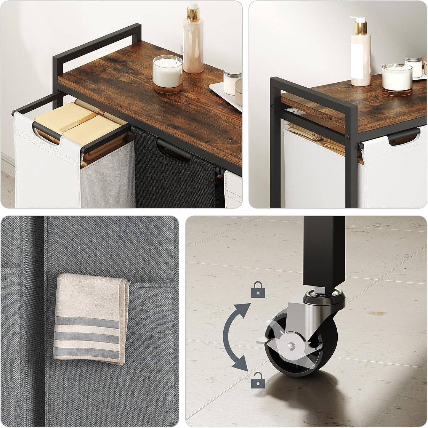 HOOBRO Laundry Sorter 4 Sections, Laundry Hamper with Wheels, 4 × 10.5 Gal (40 L), Rolling Laundry Basket, Pull-Out and Removable Oxford Fabric Bags, Rustic Brown BFE04XY01