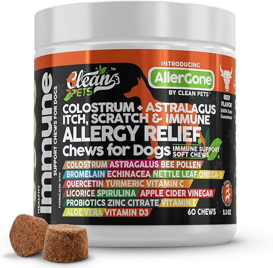 Dog Allergy Relief Chews | Itchy Skin Relief for Dogs | Colostrum Astralagus Omega 3 Bee Pollen Bromelain Echinacea Nettle Leaf Quercetin Licorice Root Spirulina ACV Immune - Pack of 1