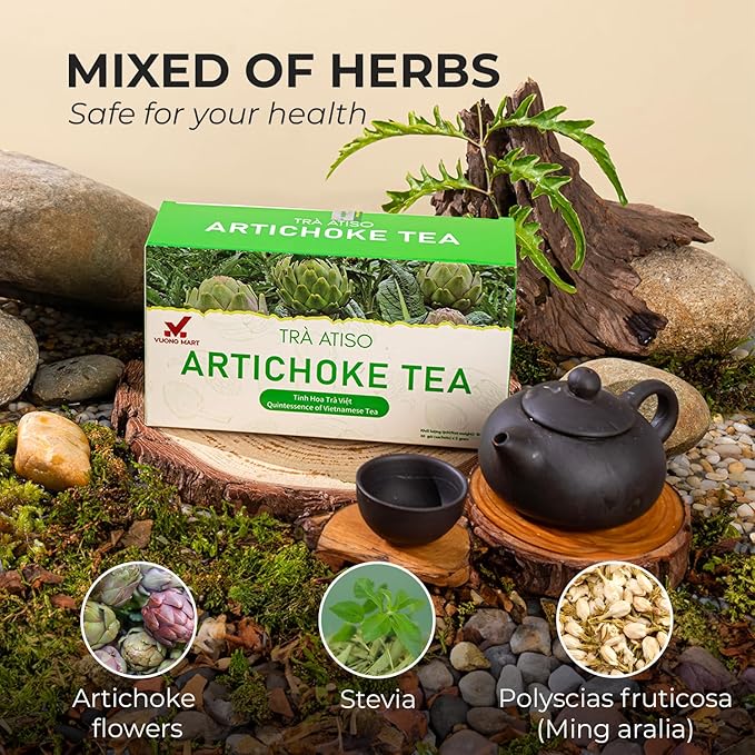 VUONGMART Artichoke Flower Tea, 100% Hand Pick, Stevia, Ming Aralia, Organic Herbal Tea, 30 Tea Bags, Gluten Free, Dairy Free, Sugar Free & Natural, Energy Boost & Health Support
