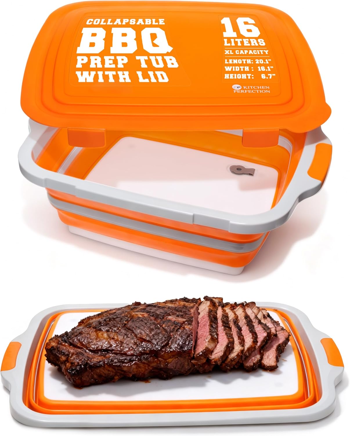 KITCHEN PERFECTION Collapsible XL Smoker & BBQ Prep Tub with Locking Lid & Cutting Board - Grill Caddy Container for Meat Marinating & Brine Perfect For Brisket, Turkey & Ribs - Best Gift For Men