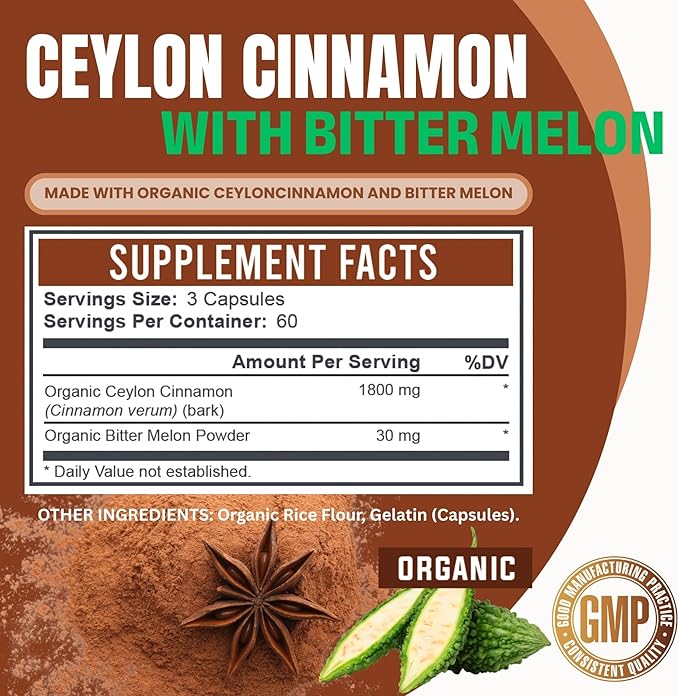 zyy Organic Ceylon Cinnamon Supplements with Bitter Melon 1830mg | Non-GMO Gluten-Free | Certified Organic Ceylon Cinnamon Powder Pills | Supports Blood Sugar & Heart Health | Antioxidant-180ct