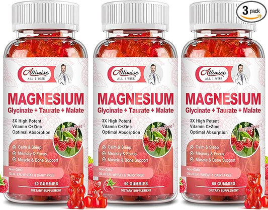 3Pack Magnesium Glycinate Gummies 500mg,Magnesium Supplement with Taurate, Malate, Vitamins D, C, B6, Calcium for Sleep, Relaxation, Muscle, Bone Health & Immune Support-180 Count