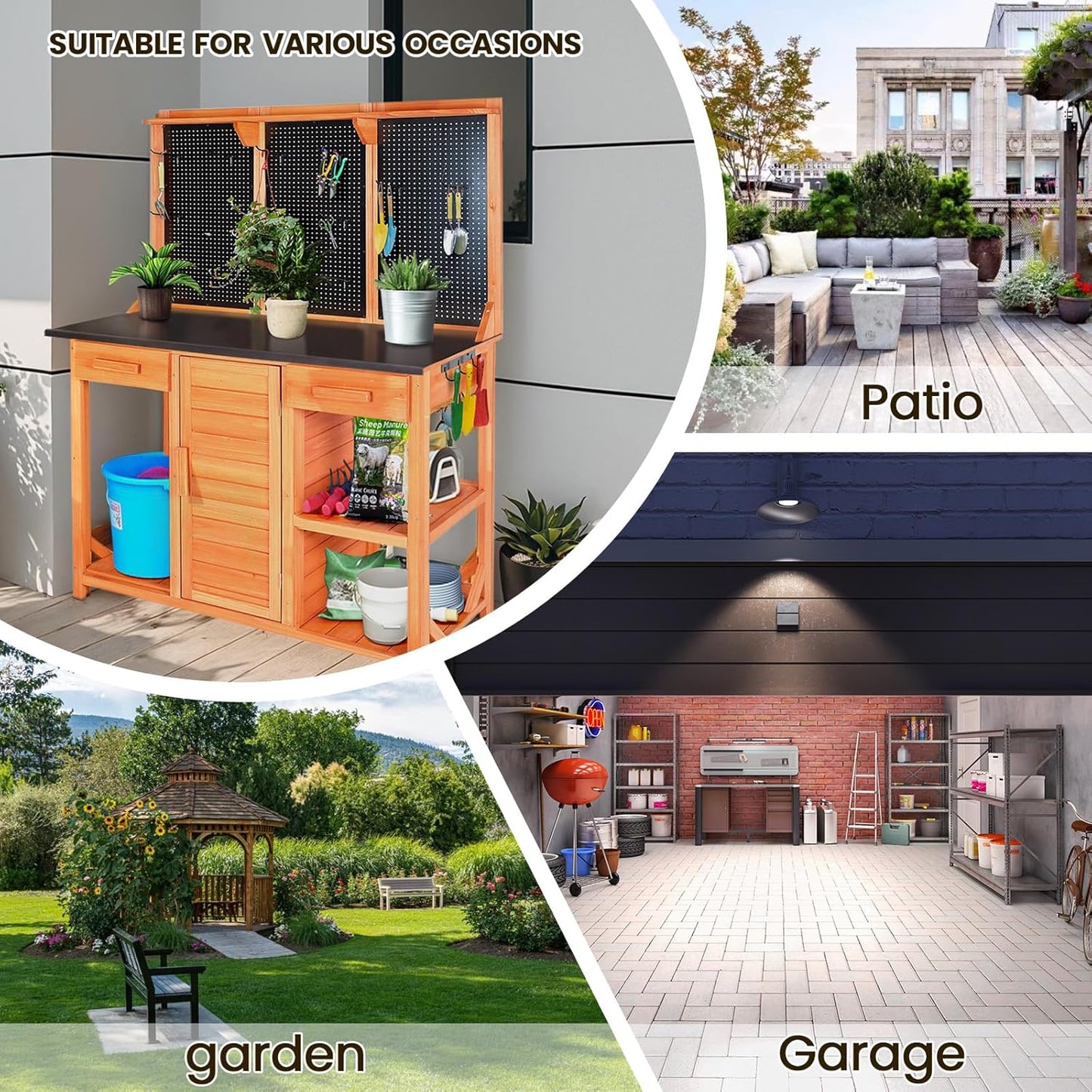 Outdoor Garden Potting Bench, Horticultural Wooden Workstation Table with Storage Drawer, Cabinet, Metal Pegboard, Adjustable Hooks and Shelves for Backyard, Patio, Greenhouse