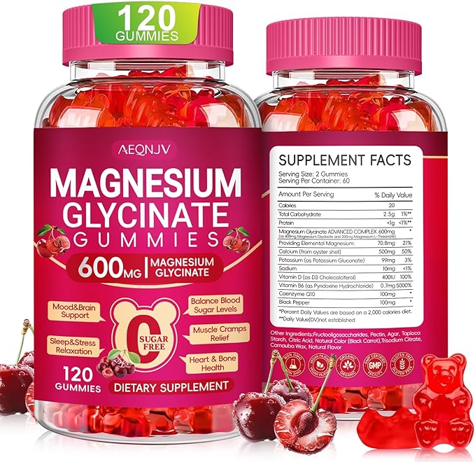 Magnesium Glycinate Gummies 600mg for Women and Men, High Absorption Magnesium Glycinate with Vitamin D, B6, and CoQ10 for Calm Support & Sleep, Sugar Free, Vegan, 120 Count