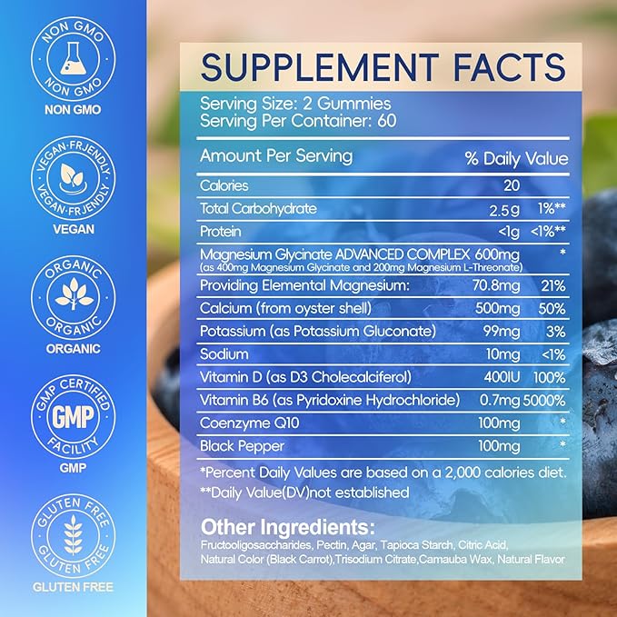 Magnesium Glycinate Gummies 600mg, Chewable Sugar Free Potassium Magnesium Gummies for Sleep, Body Support and Relaxation, Magnesium Supplements with Vitamin D, B6, and CoQ10 for Men & Women