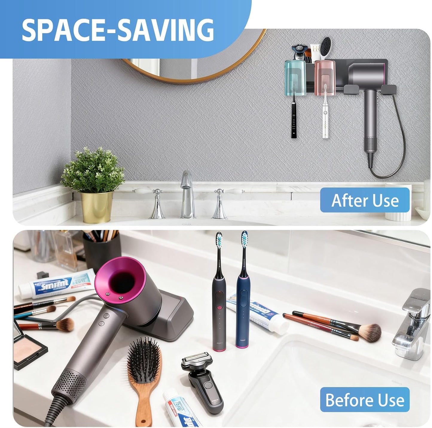 Hair Dryer Holder Wall Mounted Adhesive/Drilling,Hair Dryer Storage Organizer with 2 Toothbrush Holders,2 Toothbrush Cups,2 Storage Boxes for Bathroom,Blow Dryer Holder,Hair Tool Organizer,Dark Gray