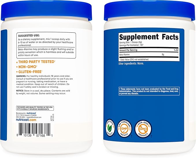 Nutricost Beta Alanine Powder 500 Grams (1.1lbs) - Pure Beta Alanine, Gluten Free & Non-GMO