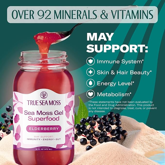 Sea Moss Gel – Made in USA – Wildcrafted Seamoss, Fresh Fruits & Sea Vegetables – Elderberry, Pack of 3 (Labels may Vary)