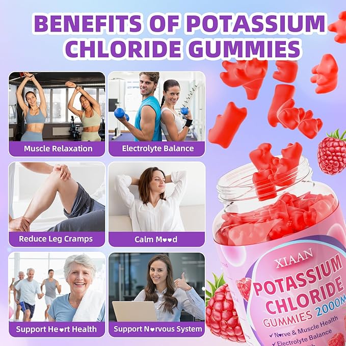 Potassium Gummies for Women & Men, High Dose 2000mg Potassium Chloride Supplement Gummies for Leg Cramps & Electrolyte Balance, Vegan/Sugar-Free/Gluten Free, Raspberry Flavor 120 Count