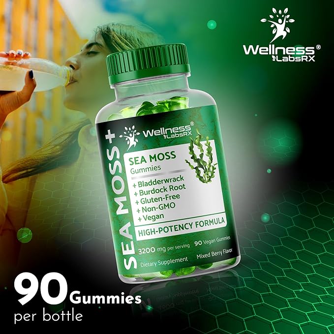 Sea Moss Gummies, 3200mg Irish Sea Moss Mixed Berry Flavor with Maximum Potency Bladderwrack and Burdock Root - Supports Skin, Energy and Immunity - 180 Count