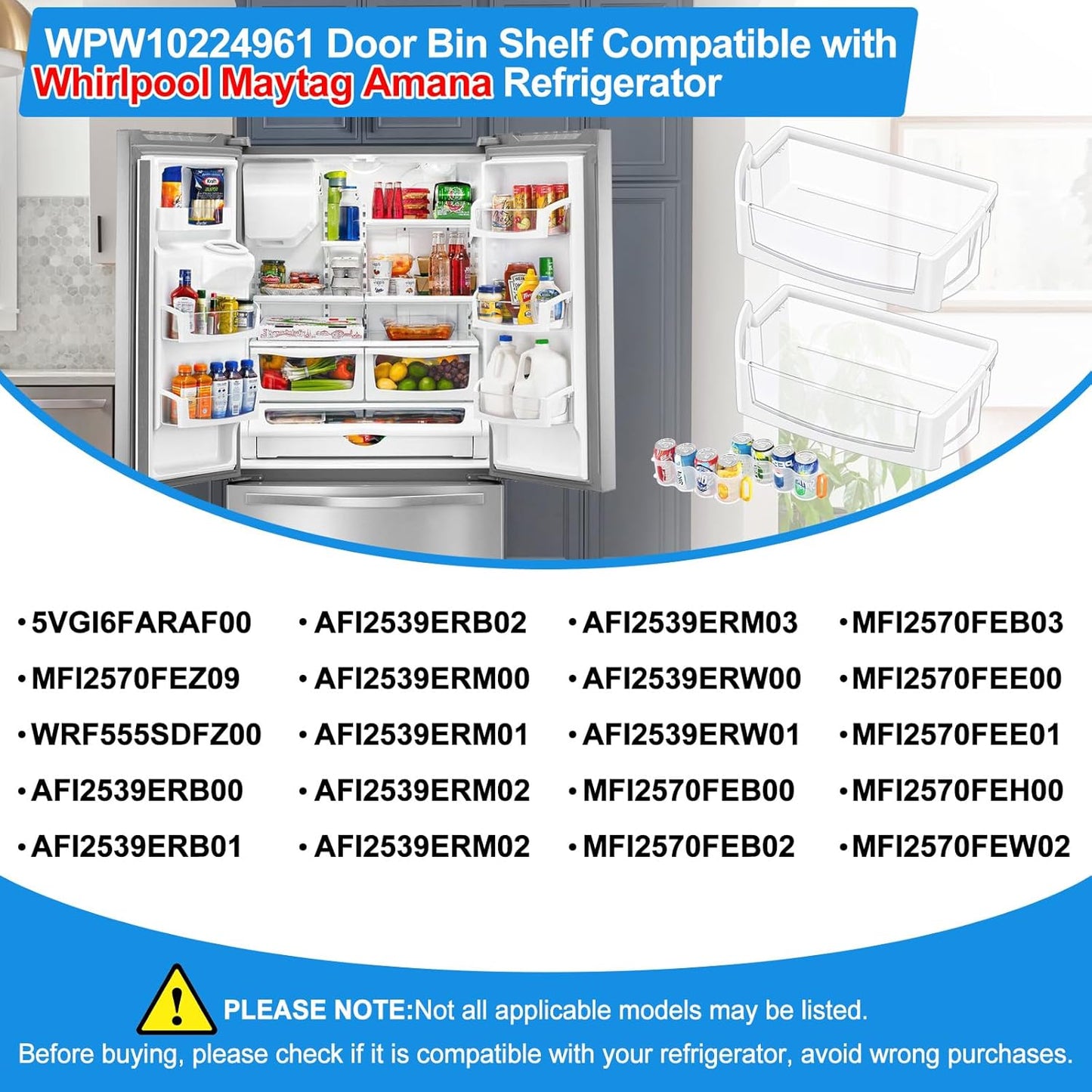 (2 PACK) UPGRADED WPW10224961 Refrigerator Door Bin Shelf Compatible with Whirlpool Refrigerator Door Shelf W10224961 AP6017170,For Whirlpool Replacement Door Shelf Parts WRX735SDBM, WRF555SDH