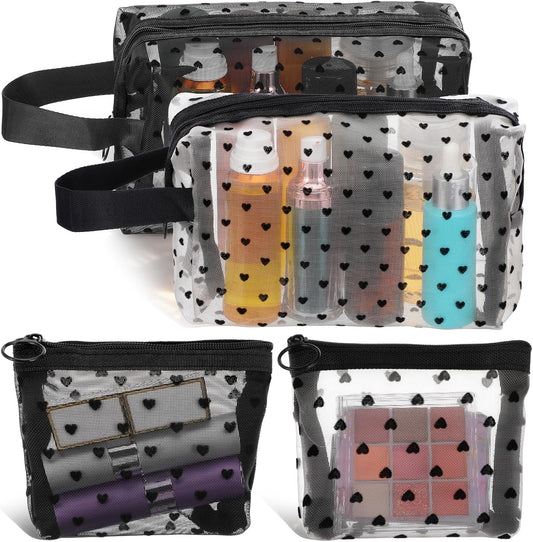 4 PCS Heart Printed Mesh Makeup Bag Set, White & Black Mesh Makeup Bag with Zipper Lipstick Accessories Organizer Mini Travel Organizer Bags for Women(2 Small 2 Square Handle)