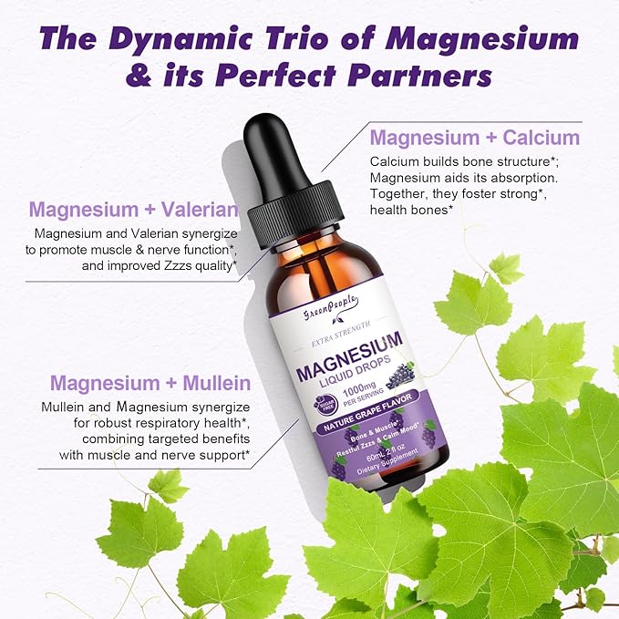 Magnesium Glycinate Liquid Drops - 1000mg 5-in-1 High Absorption Liquid Magnesium for Sleep with D3/K2/B6 | Fast-Acting, Bone, Muscle & Sleep | Sugar-Free Grape Flavor, 2fl Oz