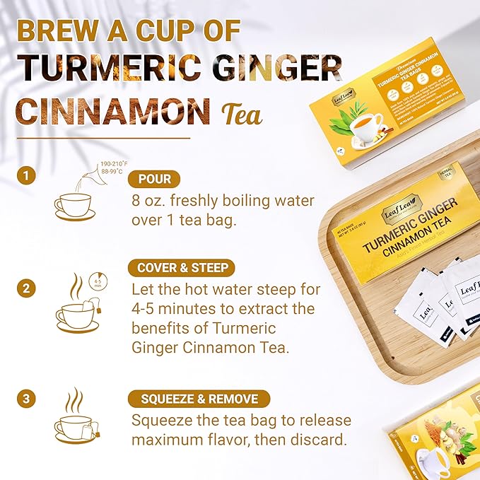 LeafLea 40 Turmeric Ginger Cinnamon Tea Bags, 100% Natural Ingredients Herbal Tea, Turmeric Ginger Herbal Blend for Wellness, Vegan, No Sugar, Caffeine-Free, Individually Wrapped for Freshness