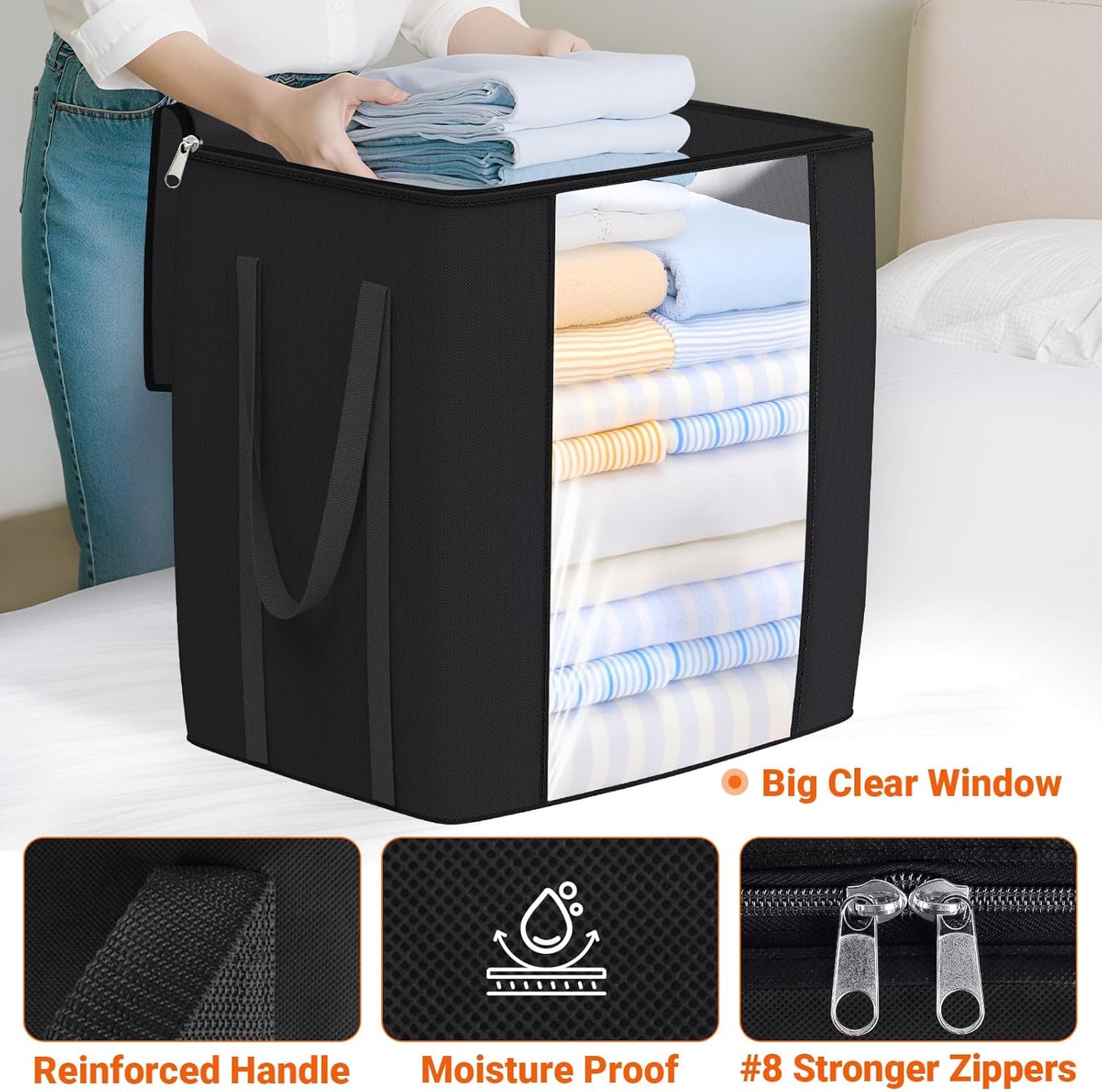 120L Extra Large Clothes Storage Bags, Foldable Blanket Storage and Organization, Thick Fabric Containers with Reinforced Handles & Zippers for Clothing, Comforters, Bedding, Black, 4 Pack