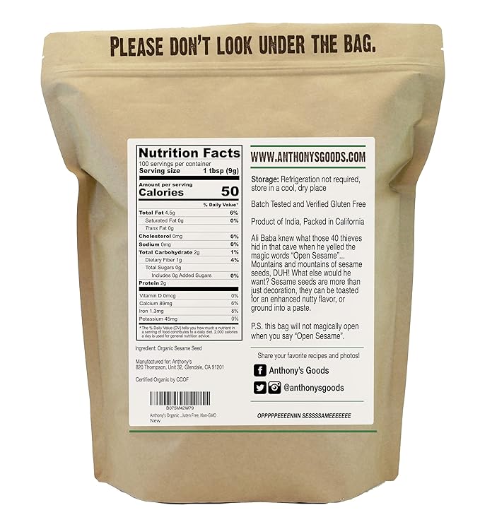 Anthony's Organic Hulled Sesame Seeds, 2 lb, White, Raw, Gluten Free, Non GMO, Keto Friendly