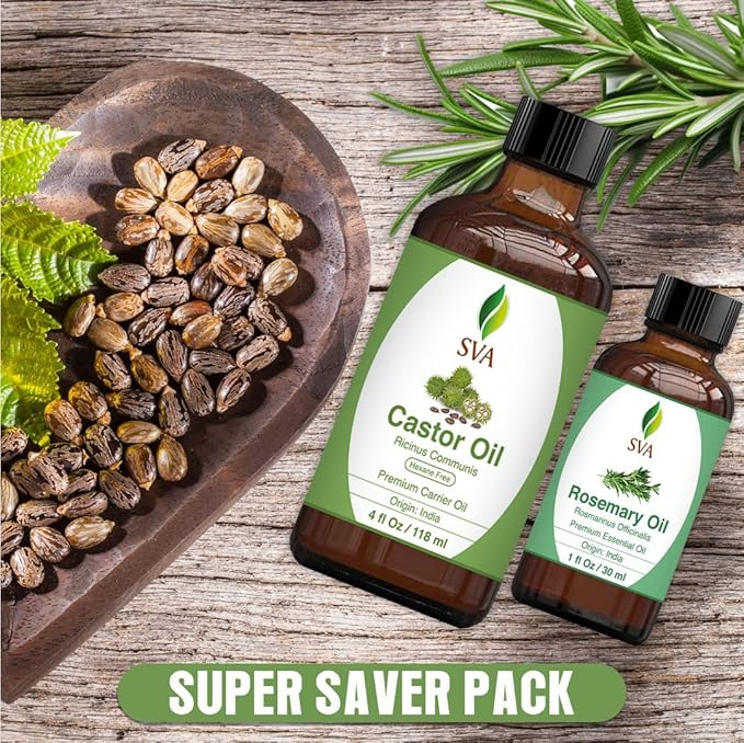 SVA Rosemary Essential Oil 1oz and Castor Oil 4oz Bundle Super Saver Combo – Premium Grade Value Set for Hair Oiling, Scalp Massage, Hair Care, Skin Care and Body Massage