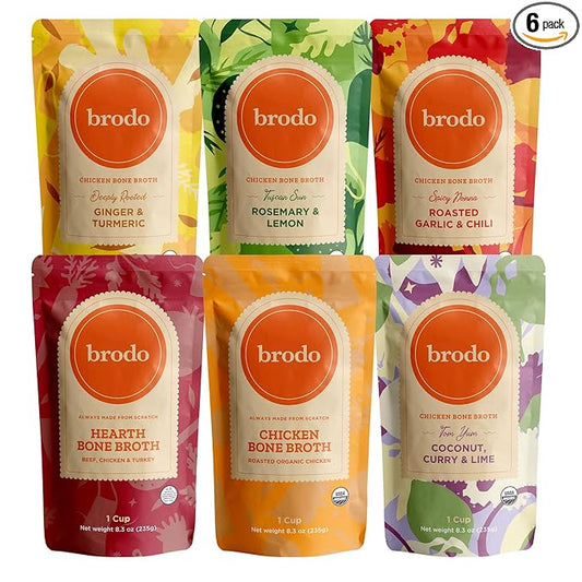 Brodo Broth Variety Pack | 1 Chicken, 1 Hearth, 1 Deeply Rooted, 1 Spicy Nonna, 1 Tom Yum, 1 Tuscan Sun Single Serving Pouches | Not Made From Concentrate, No Preservatives (6x 8.3 oz Pouches)