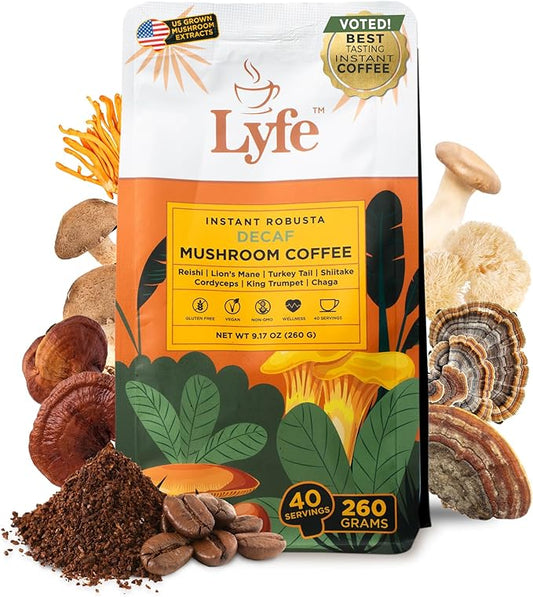 LYFE Organic Instant Decaf Mushroom Coffee – Lion’s Mane, Chaga, Cordyceps, Turkey Tail | USA Grown Adaptogenic Mushrooms for Better Energy, Focus, Gut Health, Immunity – 40 Servings