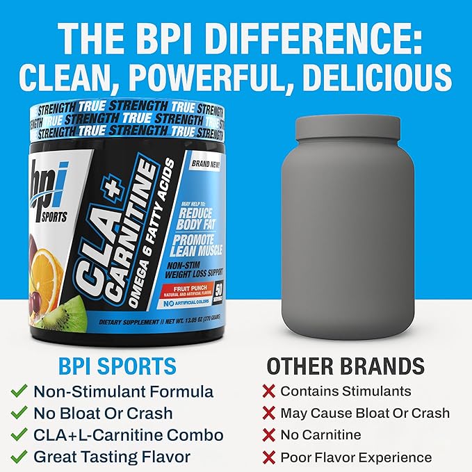 BPI Sports CLA+Carnitine – CLA L Carnitine & Linoleic Acid – L Carnitine Supplement for Weight Loss, Metabolism & Lean Muscle – Caffeine Free – Fruit Punch – 50 Servings – 12.34 oz