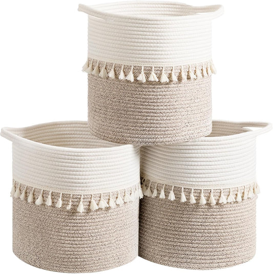 danpinera Storage Baskets, 13"x13" Woven Baskets for Storage, 3 Pack Soft Round Storage Bins for Storage Pillows, Towels, Clothes, White & Mixed Brown
