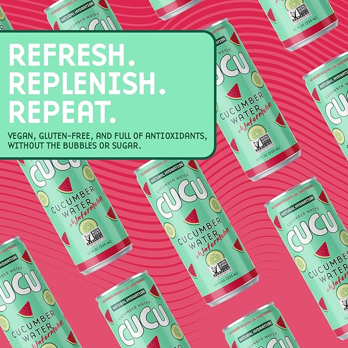 CUCU Cucumber Water + Watermelon Water – Natural Hydration from Cucumbers with Vitamin C, Electrolytes & Antioxidants – No Sugar Added, Non-GMO – 12 Pack, 11 fl oz Cans
