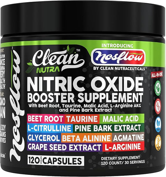 NosFlow Nitric Oxide Supplements for Men | Beet Root Taurine L-Arginine Malic Acid L-Arginine L-Citrulline Pine Bark Glycerol Agmatine Grape Seed Vitamin C B12 B3 by Clean Nutra