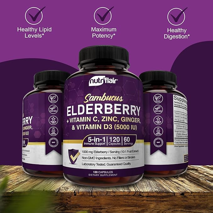 NutriFlair Sambucus Elderberry, 120 Veggie Capsules - 5 in 1 Immune Support and Antioxidant Supplement with Vitamin C, Vitamin D3 5000 IU, Zinc, Ginger, Black Dried Elderberry Pills - 2 Month Supply