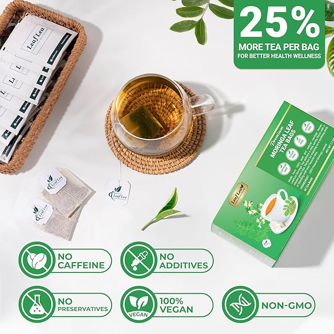 LeafLea 80 Moringa Tea Bags, Premium Moringa Leaf Herbal Tea for Digestive Support and Daily Wellness, Made from Natural Leaves, Caffeine-Free, Non-GMO, Sugar-Free