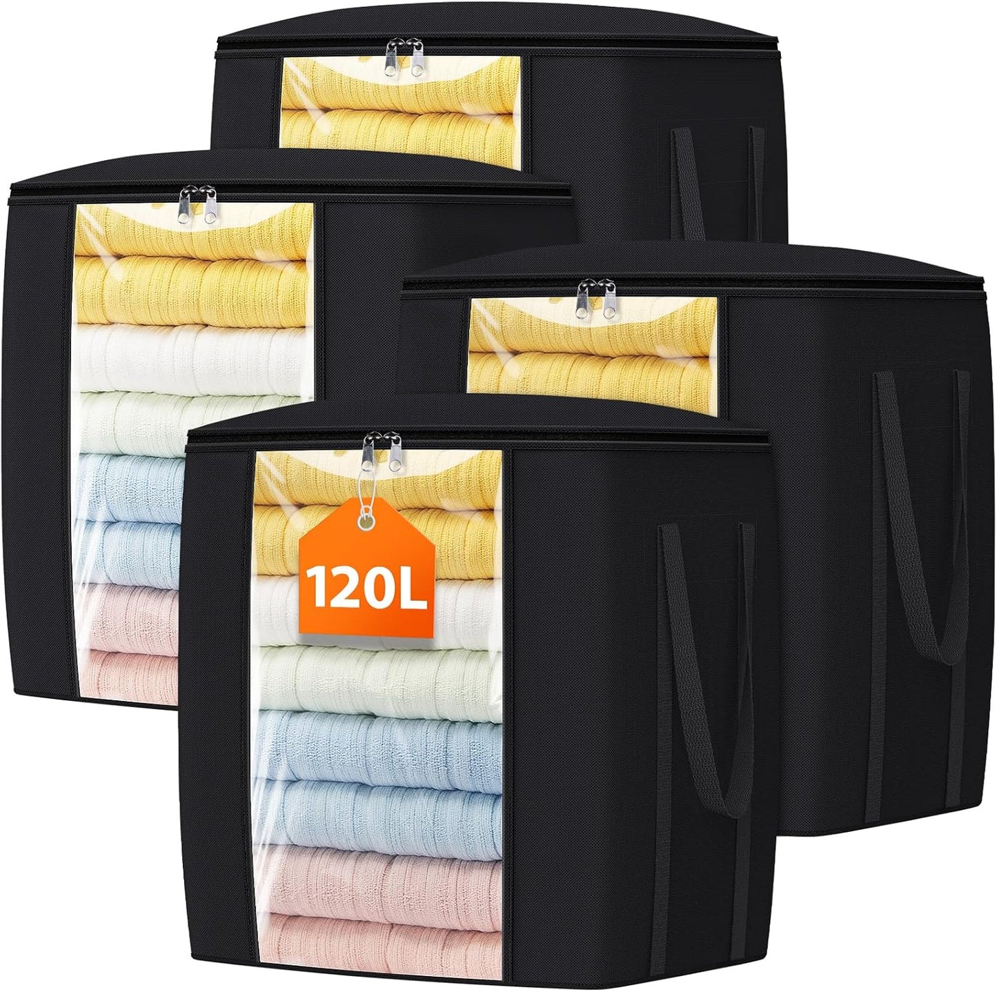 120L Extra Large Clothes Storage Bags, Foldable Blanket Storage and Organization, Thick Fabric Containers with Reinforced Handles & Zippers for Clothing, Comforters, Bedding, Black, 4 Pack