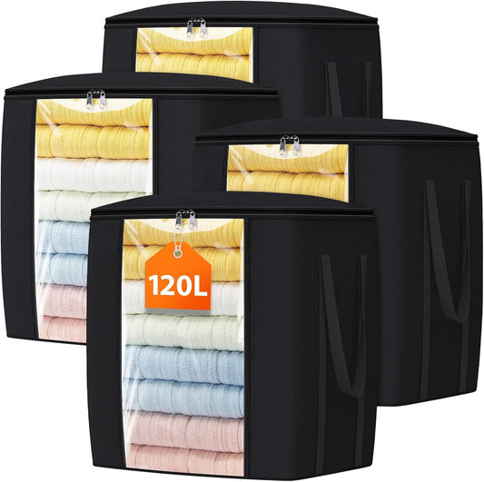 120L Extra Large Clothes Storage Bags, Foldable Blanket Storage and Organization, Thick Fabric Containers with Reinforced Handles & Zippers for Clothing, Comforters, Bedding, Black, 4 Pack