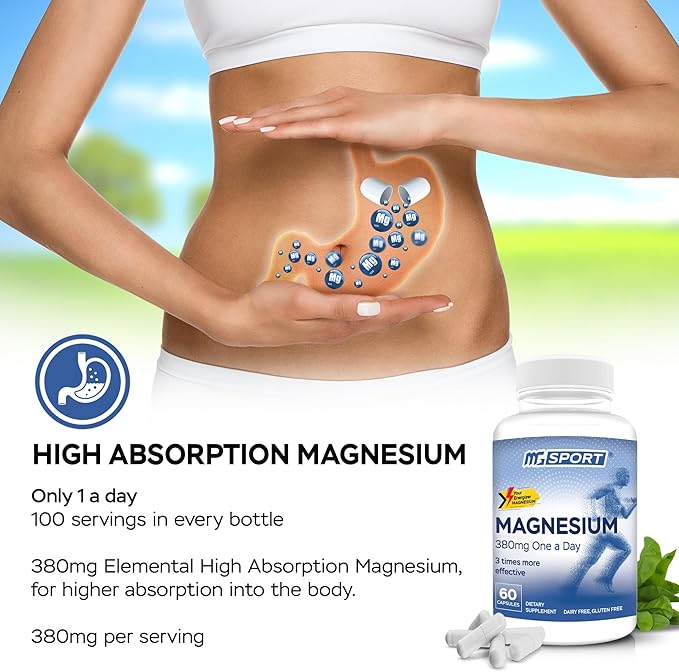 Magnesium Supplement Complex MGSPORT- High Absorption with Vitamins B6, D, E - Relieves Leg Cramps & Muscle Support - 60 Servings