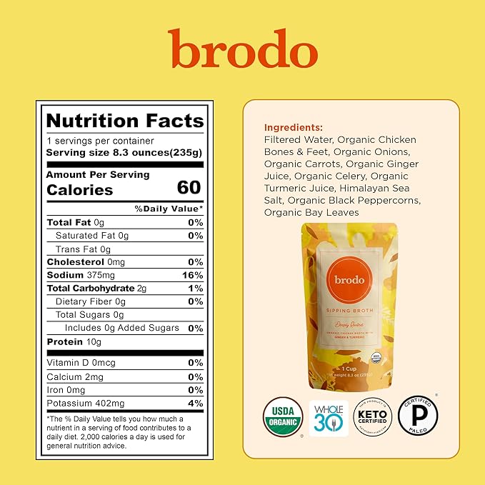 Brodo Broth Variety Pack | 1 Chicken, 1 Hearth, 1 Deeply Rooted, 1 Spicy Nonna, 1 Tom Yum, 1 Tuscan Sun Single Serving Pouches | Not Made From Concentrate, No Preservatives (6x 8.3 oz Pouches)